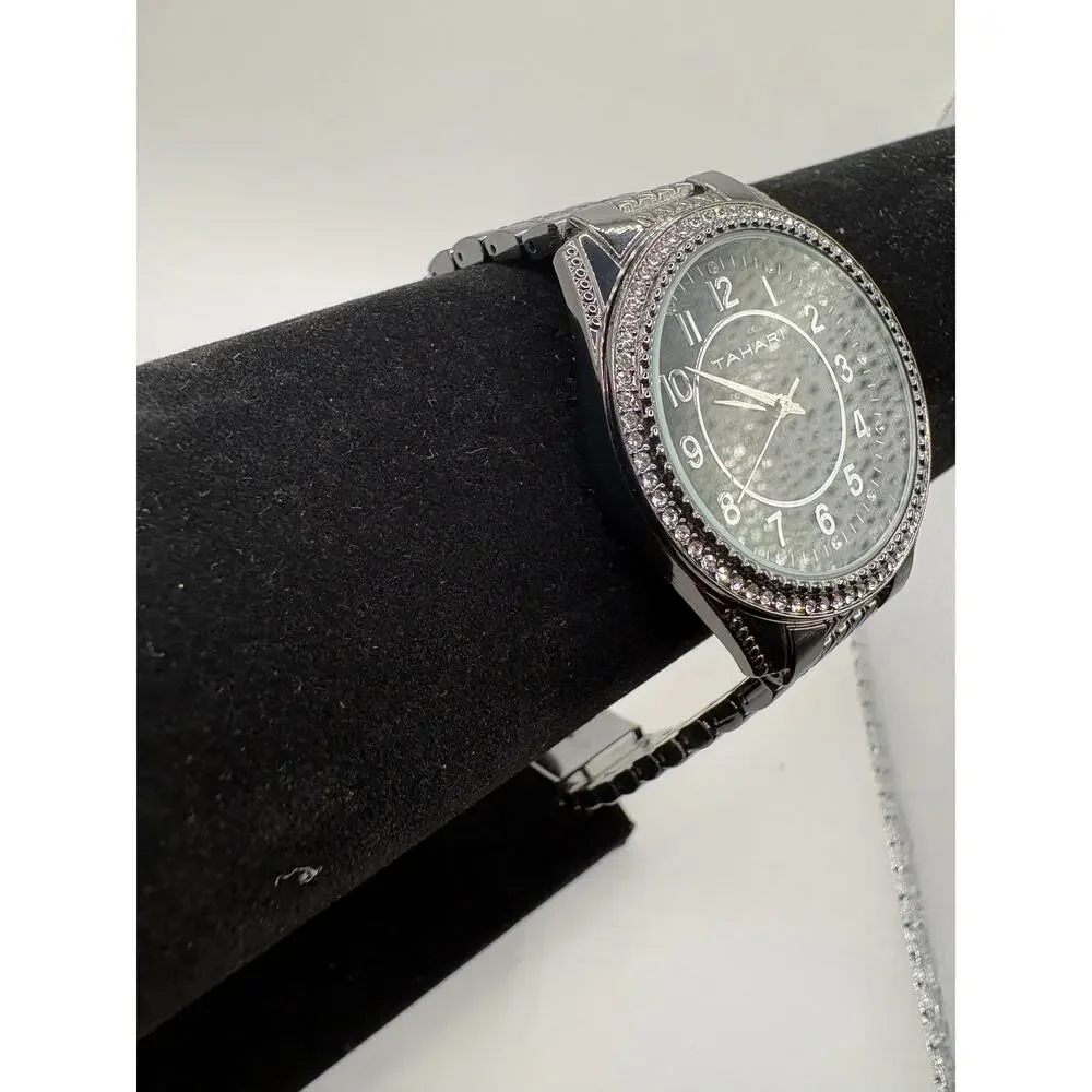 Tahari Crystal Bezel Black Dial Silver Watch